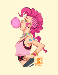 Size: 600x776 | Tagged: dead source, safe, artist:fusspot, pinkie pie, human, g4, alternate hairstyle, bubblegum, ear piercing, female, helix piercing, humanized, midriff, mohawk, my punky pony, piercing, profile, punk, simple background, solo