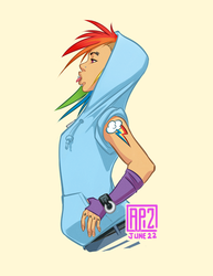 Size: 600x776 | Tagged: dead source, safe, artist:fusspot, rainbow dash, human, g4, alternate hairstyle, breasts, delicious flat chest, eyebrow piercing, female, humanized, lip piercing, my punky pony, piercing, profile, punk, simple background, solo, tongue piercing