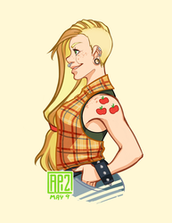 Size: 600x776 | Tagged: dead source, safe, artist:fusspot, applejack, human, g4, alternate hairstyle, bracelet, ear piercing, earring, female, helix piercing, humanized, jewelry, my punky pony, nose piercing, nose ring, piercing, profile, punk, simple background, solo, spiked wristband