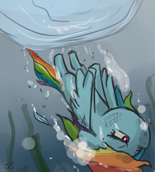 Size: 900x1000 | Tagged: safe, artist:speccysy, rainbow dash, pegasus, pony, g4, bubble, crepuscular rays, female, flowing mane, flowing tail, mare, ocean, sinking, solo, sunlight, swimming, tail, underwater, water