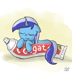 Size: 900x900 | Tagged: safe, artist:speccysy, minuette, pony, unicorn, g4, cute, eyes closed, female, floppy ears, leaning, mare, prone, sleeping, smiling, solo, toothpaste