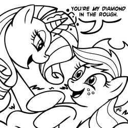 Size: 945x945 | Tagged: safe, artist:megasweet, applejack, rarity, earth pony, pony, unicorn, g4, eye contact, female, lesbian, looking at each other, mare, monochrome, on back, ship:rarijack, shipping, smiling