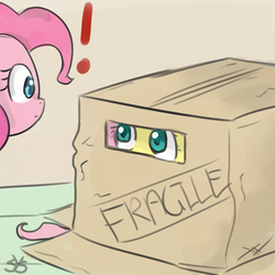 Size: 900x900 | Tagged: safe, artist:speccysy, fluttershy, pinkie pie, earth pony, pegasus, pony, box, cardboard box, cute, duo, duo female, exclamation point, eye contact, female, konami, mare, metal gear, pony in a box, wide eyes