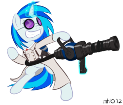 Size: 1167x1000 | Tagged: safe, artist:empty-10, dj pon-3, vinyl scratch, pony, unicorn, g4, bipedal, crossover, female, magic, mare, medic, simple background, solo, team fortress 2, transparent background