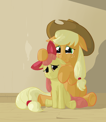 Size: 2000x2300 | Tagged: safe, artist:jakneurotic, apple bloom, applejack, earth pony, pony, g4, apple sisters, crying, duo, duo female, female, filly, floppy ears, foal, high res, mare, sad, siblings, sisters, sitting, smiling