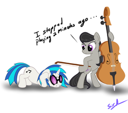 Size: 900x800 | Tagged: safe, artist:sirradical, dj pon-3, octavia melody, vinyl scratch, earth pony, pony, unicorn, g4, annoyed, bipedal, cello, covering ears, duo, duo female, female, mare, musical instrument, simple background, white background