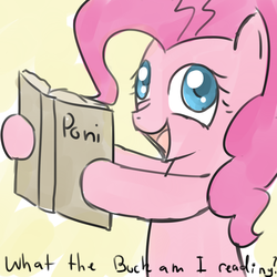 Size: 900x900 | Tagged: safe, artist:speccysy, pinkie pie, earth pony, pony, g4, book, brown background, derp, female, hoof hold, mare, open mouth, poni, simple background, smiling, solo, what the fuck am i reading