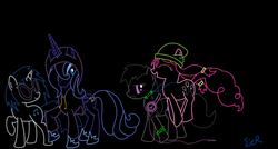 Size: 3054x1642 | Tagged: safe, artist:sirradical, dj pon-3, octavia melody, pinkie pie, princess luna, vinyl scratch, alicorn, earth pony, pony, unicorn, g4, alternate hairstyle, black background, clothes, female, headphones, hoodie, mare, pigtails, pronking, s1 luna, simple background, twintails, walking