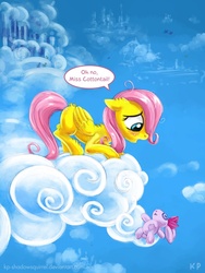 Size: 750x1000 | Tagged: safe, artist:kp-shadowsquirrel, fluttershy, pegasus, pony, g4, cloud, cloudsdale, cloudy, crying, doll, female, filly, filly fluttershy, floppy ears, solo, younger