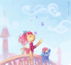 Size: 3161x2874 | Tagged: safe, artist:holivi, fluttershy, rainbow dash, butterfly, pegasus, semi-anthro, g4, balcony, bow, canterlot, clothes, duo, duo female, female, hair bow, high res, looking at someone, mare, sweater, sweatershy