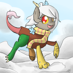 Size: 900x900 | Tagged: safe, artist:speccysy, discord, draconequus, g4, adoreris, clothes, cute, eris, female, rule 63, rule63betes, scarf, smiling, snow, solo, young