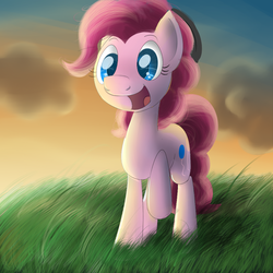 Size: 1000x1000 | Tagged: safe, artist:sirpayne, pinkie pie, earth pony, pony, ask pinkie the artist, g4, ask, female, grass, happy, mare, raised hoof, solo, sunset