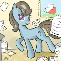 Size: 900x900 | Tagged: safe, artist:speccysy, beauty brass, earth pony, pony, g4, female, mare, paper, smiling, solo, stack