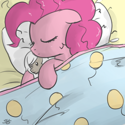 Size: 900x900 | Tagged: safe, artist:speccysy, discord, pinkie pie, earth pony, pony, g4, bed, cute, diapinkes, doll, eris, female, floppy ears, mare, morning ponies, pillow, rule 63, sleeping, solo
