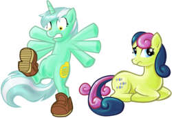 Size: 900x616 | Tagged: safe, artist:shadow-rhapsody, bon bon, lyra heartstrings, sweetie drops, earth pony, pony, unicorn, g4, balancing, bipedal, bon bon is not amused, boots, duo, duo female, female, mare, prone, simple background, transparent background, unamused