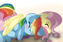 Size: 5000x3344 | Tagged: safe, artist:llamaswithkatanas, fluttershy, rainbow dash, pegasus, pony, g4, blushing, commissioner:dax-rattler, duo, eyes closed, female, lesbian, mare, ship:flutterdash, shipping, smiling, wing blanket