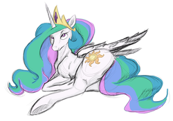 Size: 750x527 | Tagged: artist needed, safe, princess celestia, alicorn, pony, g4, butt, crown, female, jewelry, mare, plot, prone, regalia, simple background, solo, sultry pose, sunbutt, the ass was fat, white background