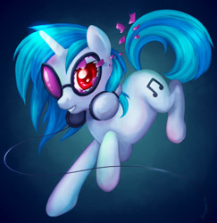 Size: 1774x1826 | Tagged: safe, artist:pony-by-firelight, dj pon-3, vinyl scratch, pony, unicorn, g4, broken accessory, female, gradient background, headphones, jumping, mare, solo