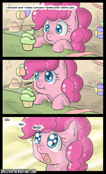 Size: 700x1151 | Tagged: safe, artist:speccysy, pinkie pie, earth pony, pony, g4, colored pupils, comic, cupcake, cute, dialogue, diapinkes, eating, enlightenment, female, filly, foal, food, mare, solo, younger