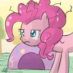 Size: 900x900 | Tagged: safe, artist:speccysy, pinkie pie, earth pony, pony, g4, female, frown, mare, messy mane, solo, tent, tired