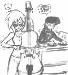 Size: 909x1000 | Tagged: safe, artist:johnjoseco, dj pon-3, octavia melody, vinyl scratch, human, g4, cello, duo, duo female, female, frustrated, grayscale, humanized, monochrome, musical instrument, role reversal, turntable