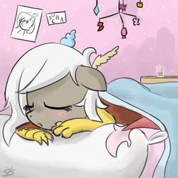 Size: 900x900 | Tagged: safe, artist:speccysy, discord, draconequus, g4, adoreris, blushing, cute, eris, eyes closed, rule 63, rule63betes, sleeping, solo, younger