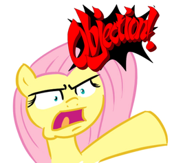 Size: 494x467 | Tagged: safe, fluttershy, pegasus, pony, g4, ace attorney, female, mare, objection, parody, phoenix wright, pointing, solo