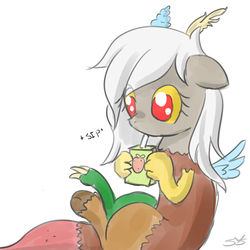 Size: 900x900 | Tagged: safe, artist:speccysy, discord, draconequus, g4, adoreris, cute, drink, drinking, eris, female, juice box, rule 63, rule63betes, simple background, sitting, solo, white background, younger