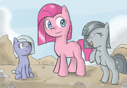 Size: 900x623 | Tagged: safe, artist:speccysy, limestone pie, marble pie, pinkie pie, earth pony, pony, g4, eyes closed, female, filly, foal, pie sisters, rearing, rock farm, sisters, smiling, trio, younger