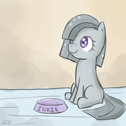 Size: 900x900 | Tagged: safe, artist:speccysy, marble pie, earth pony, pony, g4, female, mare, pet, pet bowl, sitting, smiling, solo