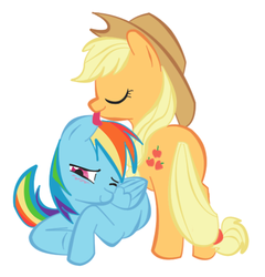 Size: 500x520 | Tagged: artist needed, safe, applejack, rainbow dash, earth pony, pegasus, pony, g4, blushing, female, lesbian, licking, mare, prone, ship:appledash, shipping, simple background, white background