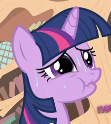 Size: 317x353 | Tagged: safe, screencap, twilight sparkle, pony, unicorn, g4, it's about time, cropped, explicit source, female, golden oaks library, mare, puffy cheeks, solo, sweat, unicorn twilight
