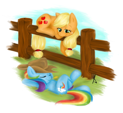 Size: 815x747 | Tagged: safe, artist:littletiger488, applejack, rainbow dash, earth pony, pegasus, pony, g4, accessory swap, duo, female, fence, lesbian, mare, on back, prone, rainbow dash wearing applejack's hat, resting, ship:appledash, shipping, smiling