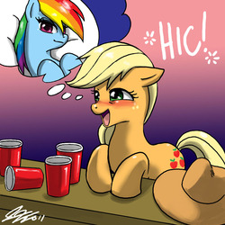 Size: 900x900 | Tagged: safe, artist:johnjoseco, applejack, rainbow dash, earth pony, pegasus, pony, g4, blushing, cup, dream, drunk, drunk aj, female, gradient background, hiccup, lesbian, mare, onomatopoeia, ship:appledash, shipping, thought bubble