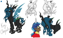 Size: 2000x1200 | Tagged: safe, artist:nakkistiltz, queen chrysalis, shining armor, changeling, changeling queen, human, g4, changeling king, dark skin, elf ears, female, horn, horned humanization, humanized, king metamorphosis, male, rule 63, simple background, white background