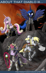 Size: 700x1117 | Tagged: safe, artist:johnjoseco, derpy hooves, dinky hooves, princess cadance, princess luna, twilight sparkle, alicorn, pegasus, pony, unicorn, g4, armor, axe, crossbow, diablo (series), diablo iii, dinky riding derpy, female, filly, mare, mouth hold, ponies riding ponies, riding, wand, weapon