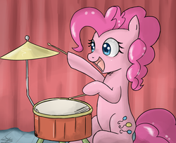 Size: 900x736 | Tagged: safe, artist:speccysy, pinkie pie, earth pony, pony, ba dum tss, drums, female, happy, hoof hold, mare, musical instrument, rimshot, sitting, solo, stage