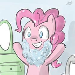 Size: 900x900 | Tagged: safe, artist:speccysy, pinkie pie, earth pony, pony, g4, bubble, fake beard, female, happy, mare, no pupils, solo
