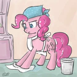 Size: 900x900 | Tagged: safe, artist:speccysy, pinkie pie, earth pony, pony, g4, apron, bandana, bucket, cleaning, clothes, female, mare, solo