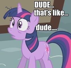 Size: 376x360 | Tagged: safe, edit, edited screencap, screencap, twilight sparkle, pony, unicorn, g4, caption, drugs, female, image macro, mare, reaction image, solo, text, wat