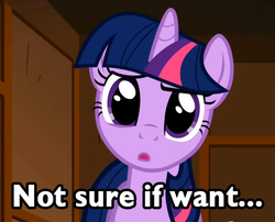 Size: 420x339 | Tagged: safe, edit, edited screencap, screencap, twilight sparkle, pony, unicorn, g4, female, mare, not sure if want, reaction image, solo