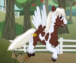 Size: 1200x999 | Tagged: safe, artist:hakar-kerarmor, oc, oc only, oc:nors, pegasus, pony, fence, flying, male, piebald coat, ridiculously photogenic stallion, solo, stallion, tree, unshorn fetlocks