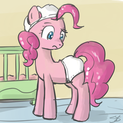 Size: 900x900 | Tagged: safe, artist:speccysy, pinkie pie, earth pony, pony, g4, abdl, crib, diaper, diaper on head, female, frown, looking back, mare, non-baby in diaper, solo