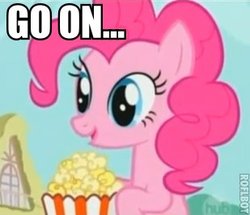 Size: 309x266 | Tagged: safe, edit, edited screencap, screencap, pinkie pie, earth pony, pony, applebuck season, g4, female, go on, hub logo, mare, popcorn, reaction image, roflbot, solo