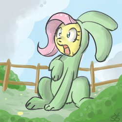 Size: 900x900 | Tagged: safe, artist:speccysy, fluttershy, pegasus, pony, g4, bunny costume, bunnyshy, clothes, female, fence, mare, shocked, sitting, solo