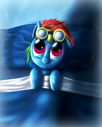 Size: 1200x1500 | Tagged: safe, artist:shinzm, rainbow dash, pegasus, pony, g4, bed, female, filly, foal, goggles, on back, pillow, solo, younger