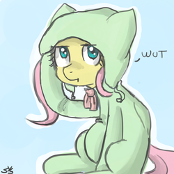 Size: 900x900 | Tagged: safe, artist:speccysy, fluttershy, cat, pegasus, pony, g4, cat's pajamas, clothes, confluttershy, confused, costume, cute, female, footed sleeper, hat, kigurumi, mare, pajamas, shyabetes, sitting, solo, wat