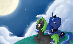 Size: 900x540 | Tagged: safe, artist:speccysy, princess luna, oc, alicorn, earth pony, pony, g4, duo, female, male, mare, moon, night, prone, smiling, stallion