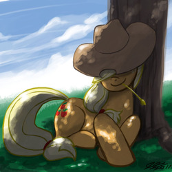 Size: 900x900 | Tagged: safe, artist:johnjoseco, applejack, earth pony, pony, g4, applejack's hat, cowboy hat, dappled sunlight, female, hat, hat over eyes, mare, prone, resting, signature, smiling, smirk, solo, straw, tree