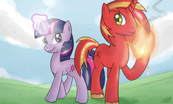 Size: 900x540 | Tagged: safe, artist:speccysy, twilight sparkle, oc, oc:pyro, pony, unicorn, g4, duo, female, fire, magic, male, mare, pyromancy, smiling, stallion